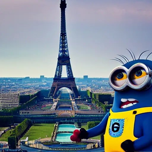 Prompt: a minion standing on the eiffel tower eating a lollipop