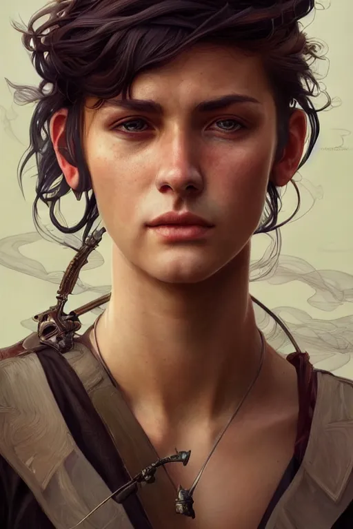 Image similar to photorealistic portrait of a young butch solarpunk woman, handsome, female, masculine, upper body, fantasy, fierce, sharp features, intricate, elegant, highly detailed, digital painting, artstation, concept art, matte, sharp focus, illustration, art by artgerm and greg rutkowski and alphonse mucha