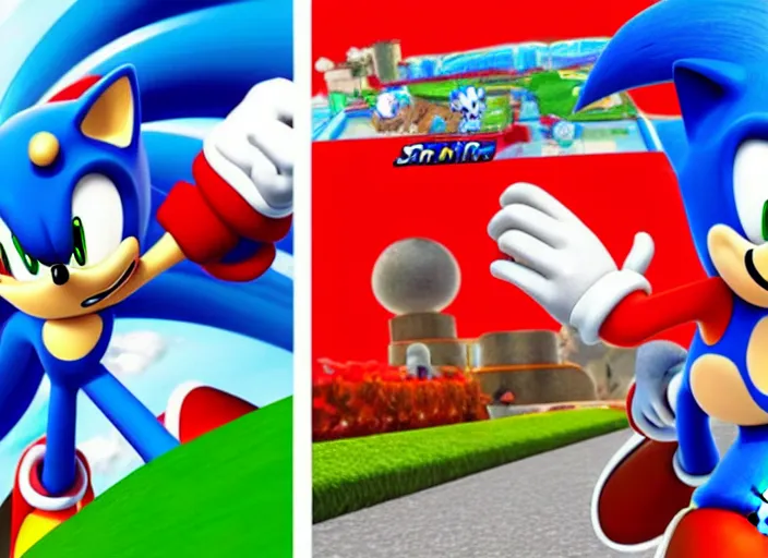 Image similar to sonic the hedgehog and super mario fighting side by side against dr robotnik and bowser on a castle