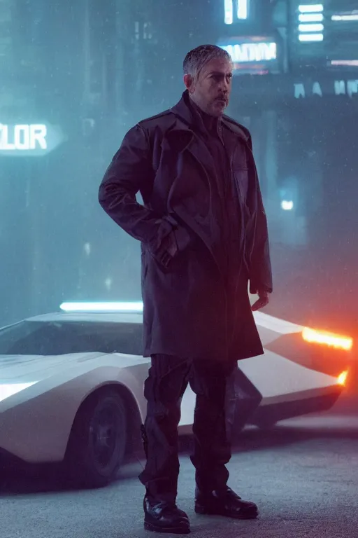 Image similar to Bladerunner 2049 still police officer standing next to white patrol car midnight crossed arms dark night orange street lamps. Bladerunner 2049 (2017) film. style of Roger Deakins Jeremy Saulnier Newton Thomas Sigel Robert Elswit Greig Fraser trending rtx on ue5. 35mm Kodak Vision 2383 gritty atmospheric