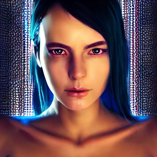 Image similar to realistic detailed portrait of Cyberpunk woman, portrait, Cyberpunk, Sci-Fi, science fantasy, glowing skin, full body, beautiful girl, extremely detailed, sharp focus, model