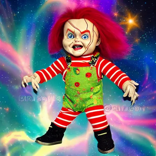 Image similar to Chucky the killer doll flying through the cosmos, psychedelic lighting