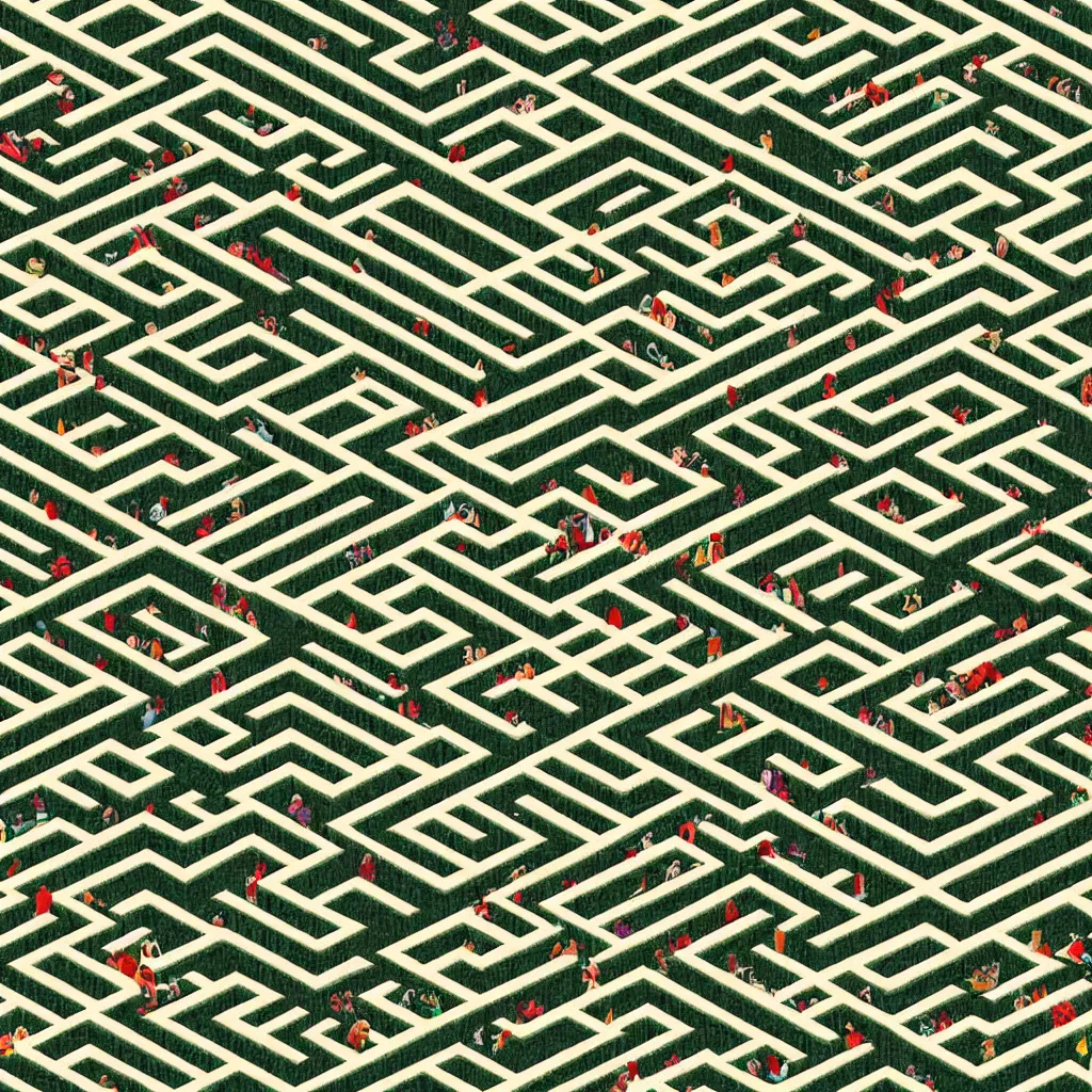 Prompt: wimmelbilder maze made of 90' children's town rug, isometric, very sharp, high contrast