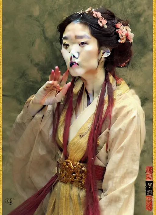 Image similar to detailed portrait of ju jingyi wearing hanfu, natural light, painting by gaston bussiere, craig mullins, j. c. leyendecker