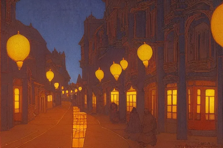 Image similar to winding street at twilight in a very old very beautiful city by Thomas Seddon and Nicholas Roerich and jean delville, glowing paper lanterns, strong dramatic cinematic lighting , ornate tiled architecture, lost civilizations, smooth, sharp focus, extremely detailed