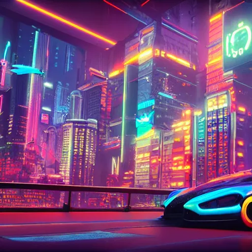Image similar to Neon cyberpunk cityscape with flying cars and advertisement screens, Blender 3D, Unreal Engine, 8k, by Jordan Grimmer and Andrea Pozzo
