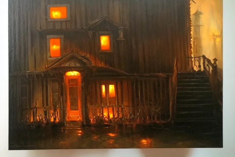 Prompt: a pumpkin drippy in a haunted house, beautiful painting, james gurney, trending on artstationhq