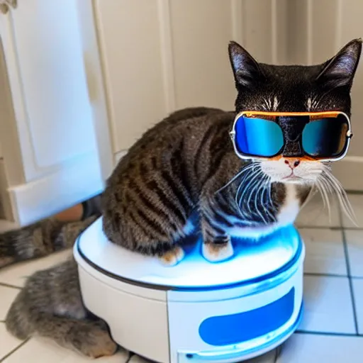 Prompt: cat wearing sunglasses, cat sitting on top of roomba, reflective marble floor, disco party lights, matrix sunglasses