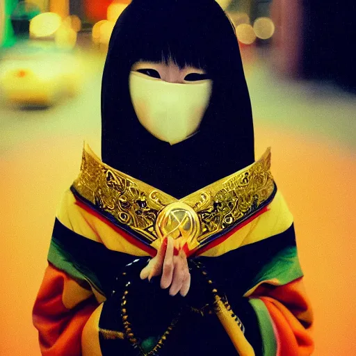 Image similar to japanese female balaclava mask with golden necklace and kimono, photo portrait, beautiful female model, tokyo, city neon light, bokeh, long exposure, kodak promax 4 0 0, sony lens, golden fractals and dmt