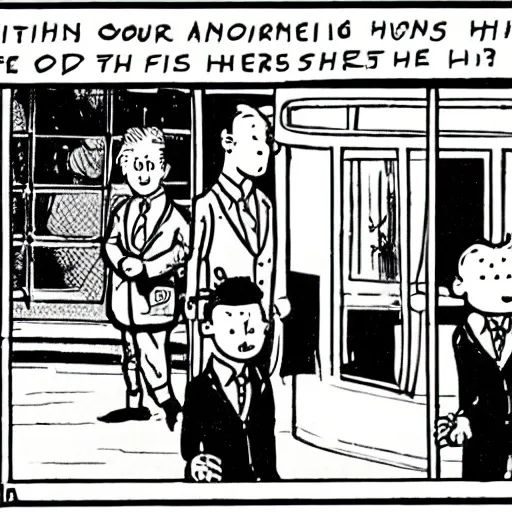 Prompt: comic strip panel featuring tintin meeting Halldor Laxness in the style of Herge, highly detailed