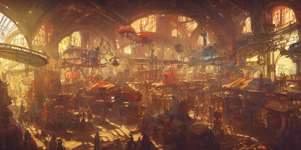 Image similar to steampunk market interior, colorful, character sheet, greg rutkowski, zabrocki, karlkka, jayison devadas, trending on artstation, 8 k, ultra wide angle, zenith view, pincushion lens effect