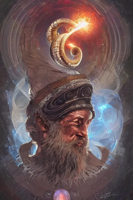 Image similar to portrait of the heteromorph ammonite wizard wearing the epic artifact ring headgear by artgerm and Craig Mullins, James Jean, Andrey Ryabovichev, Mark Simonetti and Peter Morbacher 16k