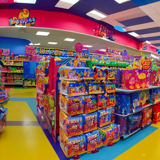 Prompt: a moshpit inside toys r us, wide lens shot, 3 0 mm, f 2. 8, photo realistic high quality hd 8 k flash photography