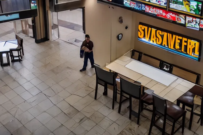 Prompt: overhead view, surveillance, a large adult tiger walking around inside of an empty fast food restaurant lobby