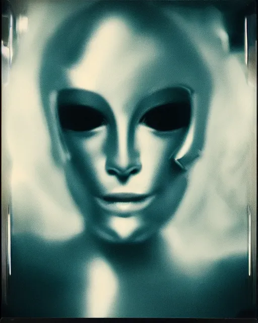 Prompt: cyber - polaroid of a female cyborg, ethereal, chrome vortex, scattered light