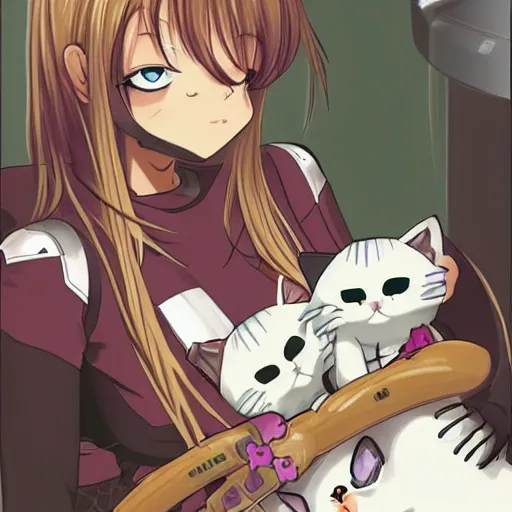 Prompt: a robot cuddling kittens, anime