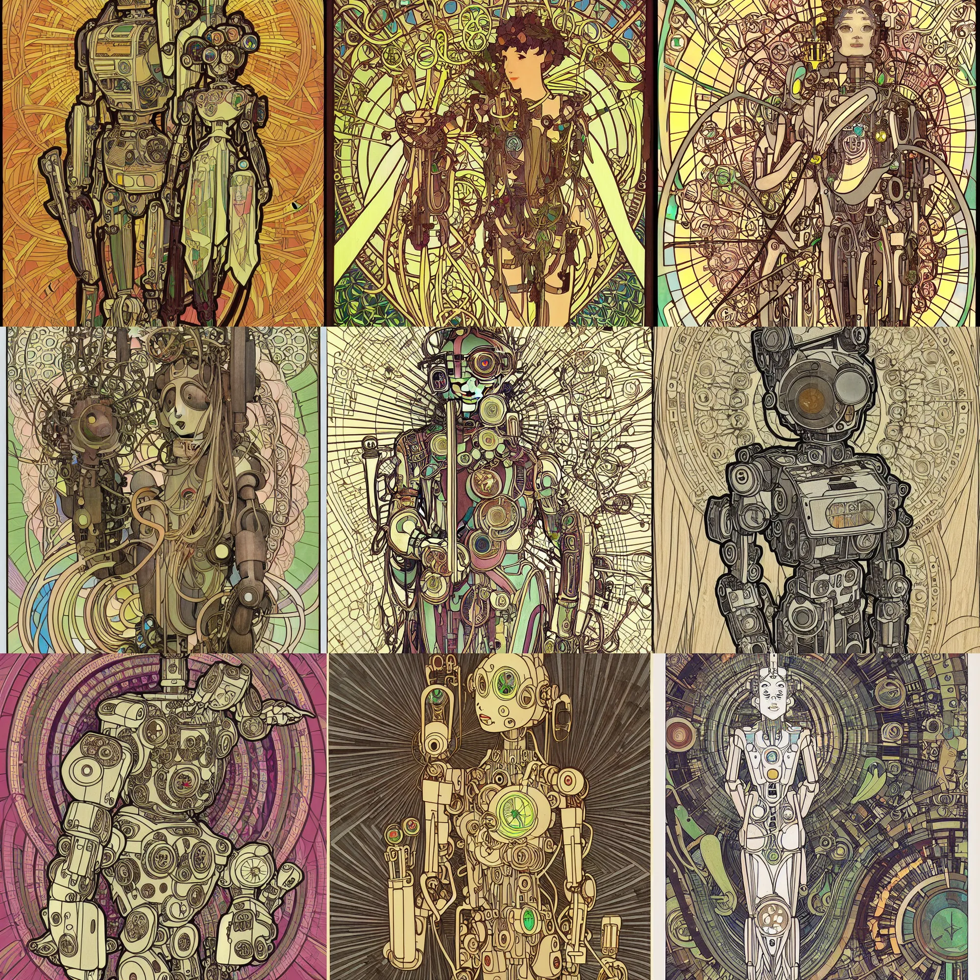Prompt: a very very cute wooden mystical statue robot of the greg godess vegetal cyberpunk in a contemporary art gallery in neo tokyo artwork line art by alphonse mucha
