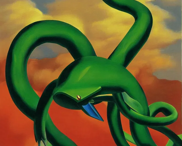 Image similar to a painting of Rayquaza by Magritte