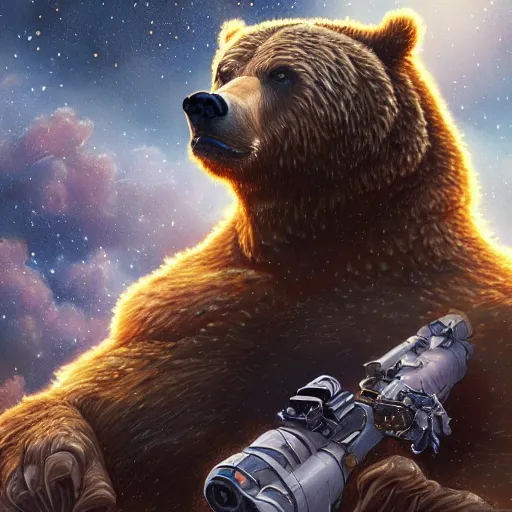 Image similar to detailed science - fiction character portrait of a grizzly bear shooting a machine gun in space, intricate, wild, highly detailed, digital painting, artstation, concept art, smooth, sharp focus, illustration, art by artgerm and greg rutkowski and alphonse mucha