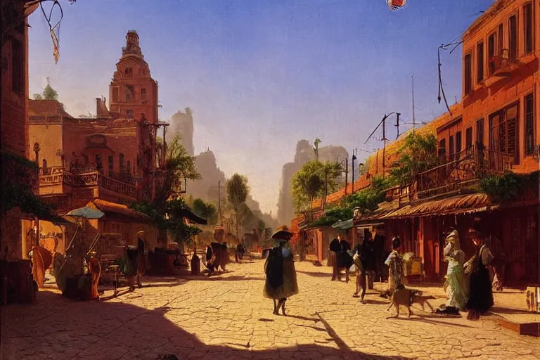 Image similar to cactus-lined street at dawn in a very beautiful Wild west city in summer by Ludwig Deutsch and Rudolf Ernst, colorful architecture, strong dramatic cinematic lighting, lost civilizations, smooth, sharp focus, extremely detailed