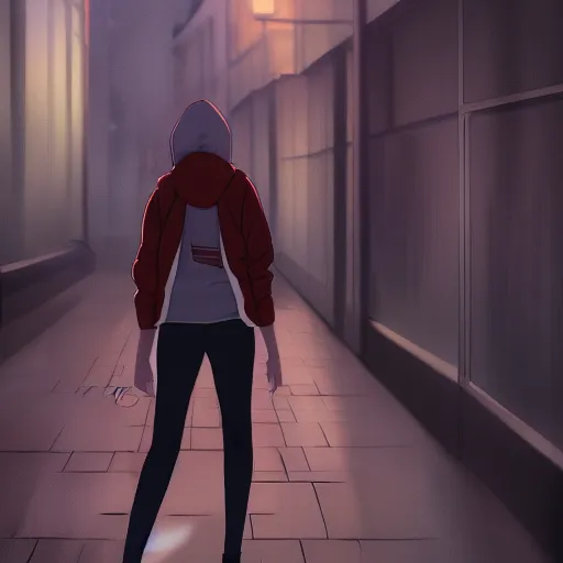 Prompt: a portrait of a moody teenage girl in a hoodie walking down a city street, dramatic lighting, makoto shinkai, trending on artstation