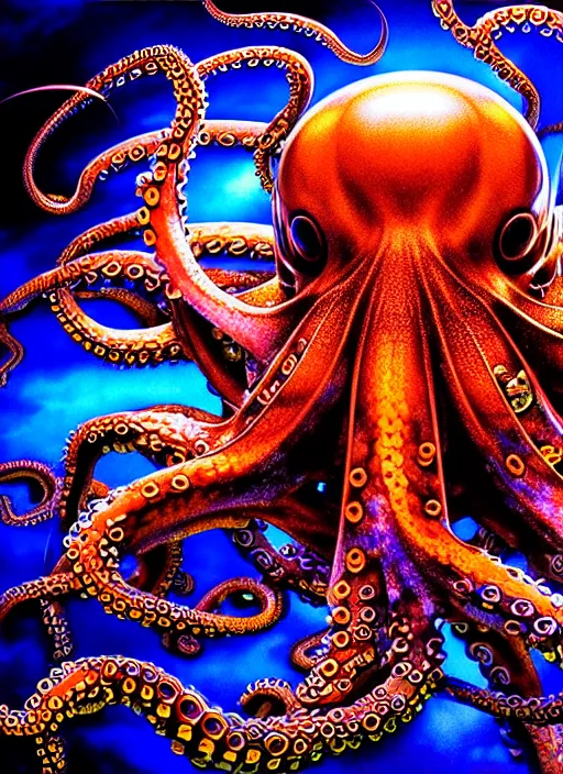 Prompt: detailed image of a cybernetic octopus hunting at dusk by Ayami Kojima, Amano, Karol Bak, Greg Hildebrandt, and Mark Brooks, rich deep colors, very coherent symmetrical artwork, cinematic, hyper realism, high detail, octane render, unreal engine, Vibrant colors, Smooth gradients, High contrast, depth of field. full body character drawing, inspired by Evangeleon, clean ink detailed line drawing, intricate detail, extremely detailed, 8k.