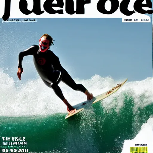 Image similar to the joker catching a wave, cover of surfer magazine, july 2 0 1 1