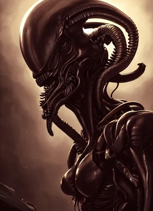 Image similar to xenomorph vogue portrait, artstation, cgsociety, dramatic studio lighting, very detailed, high contrast, intricate, detailed illustration, by artgerm and greg rutkowski and alphonse mucha, octane render, unreal engine, hyperrealism