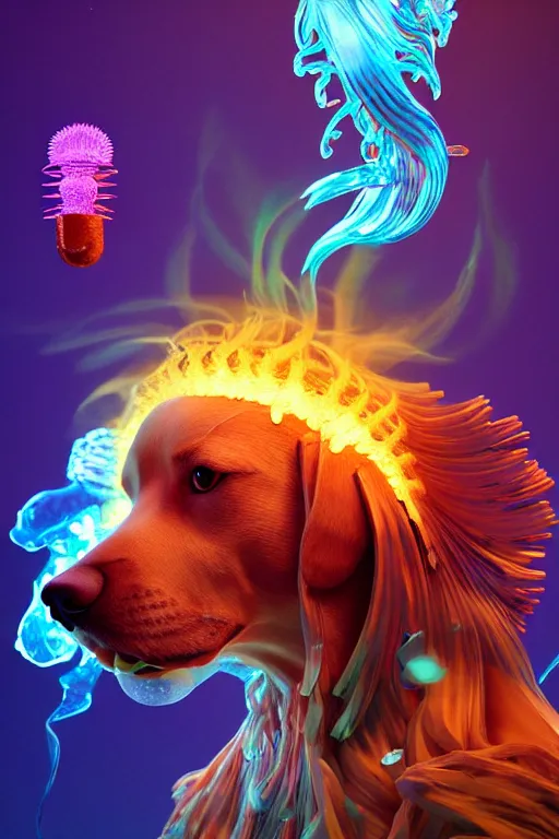 Image similar to 3 d dog as god close - up profile portrait with crown, betta fish, jellyfish phoenix, bio luminescent, flowing hair, muscular, partial anatomy, caesar victorious, plasma, ice, water, wind, creature, artwork by tooth wu and wlop and beeple and greg rutkowski