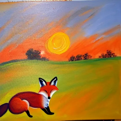 Image similar to a painting of a fox sitting in a field at sunrise in the style of Claude Monet