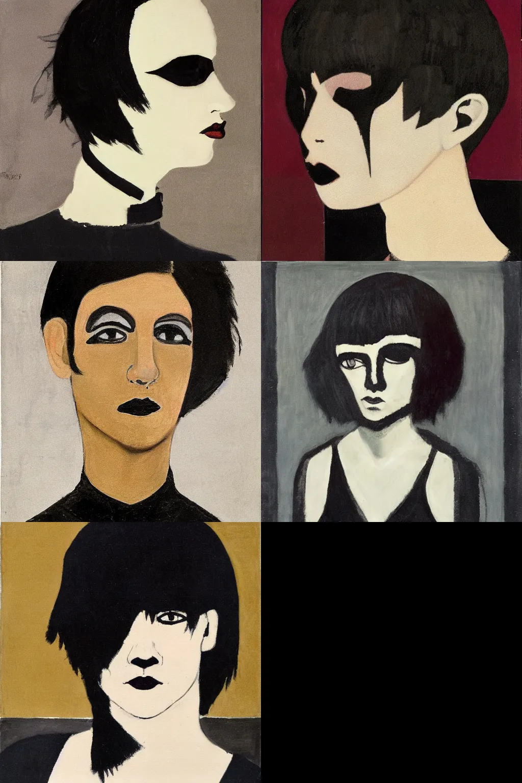 Prompt: a goth portrait painted by josef albers. her hair is dark brown and cut into a short, messy pixie cut. she has a slightly rounded face, with a pointed chin, large entirely - black eyes, and a small nose. she is wearing a black tank top, a black leather jacket, a black knee - length skirt, and a black choker.