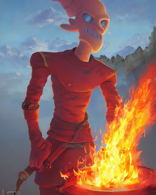 Image similar to [ [ squidward ] ] wearing fire nation clothing and practicing firebendingoutside at susnset, oil painting, highly detailed, intricate, hd, sharp focus, photorealistic, by moebius and greg rutkowski, trending on artstation, trending on cgsociety, realistic shading and lighting