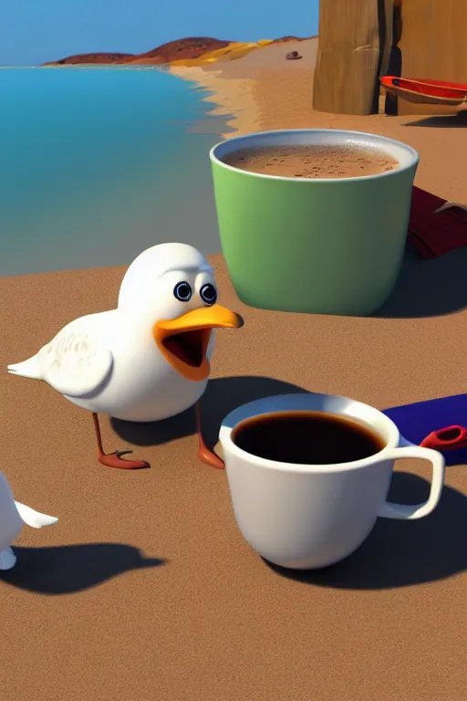 Prompt: Seagull Pixar character and a cup of coffee in the beach, Up movie style, 3d render