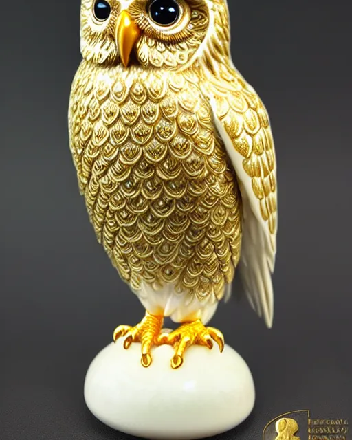 Image similar to gorgeous ornated snow white porcelain realistic detailed sacred owl statue with golden filigree carved out of ivory
