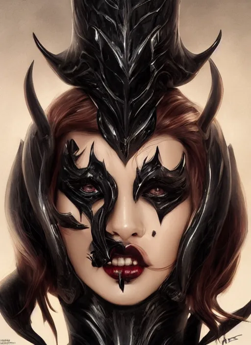 Prompt: demon princess in black leather mask, portrait, beautiful eyes and lips, art by artgerm and greg rutkowski and magali villeneuve, highly detailed, digital painting, trending on artstation, concept art, sharp focus, illustration