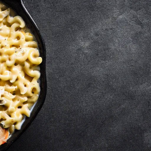 Image similar to tuna mac and cheese food photography black background soft focus in the style of Alan De Herrera