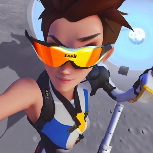 Prompt: tracer overwatch taking selfie on the moon