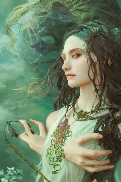 Image similar to beautiful ancient forgotten witch uses jade magic, highly detailed, digital painting, artstation, sharp focus, illustration, art by tan zi and ayanamikodon and alphonse mucha and wlop