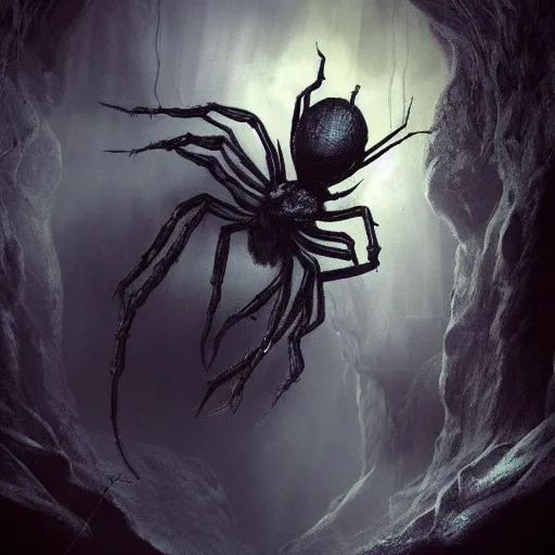 Image similar to a deep cave with a spider waiting in the shadows. fantasy. atmospheric. scaring. very detailed.