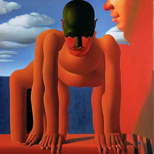 Prompt: devil boss in hell, oil painting by rene magritte and edward hopper