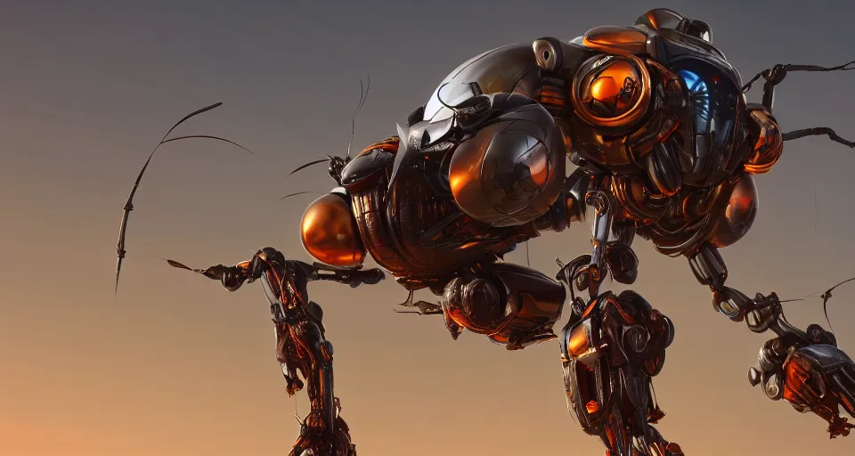 Image similar to insect robot, hyperdetailed, artstation, cgsociety, golden hour 8k