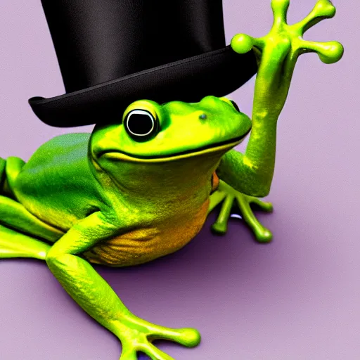 Image similar to a frog dancing with a top hat and a cane photo realistic 8k high resolution