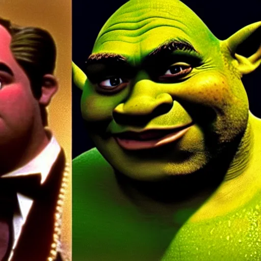 Image similar to shrek as michael in the godfather, realistic photo, 1 9 8 0, old movie, film grain, 1 6 mm, spectacular