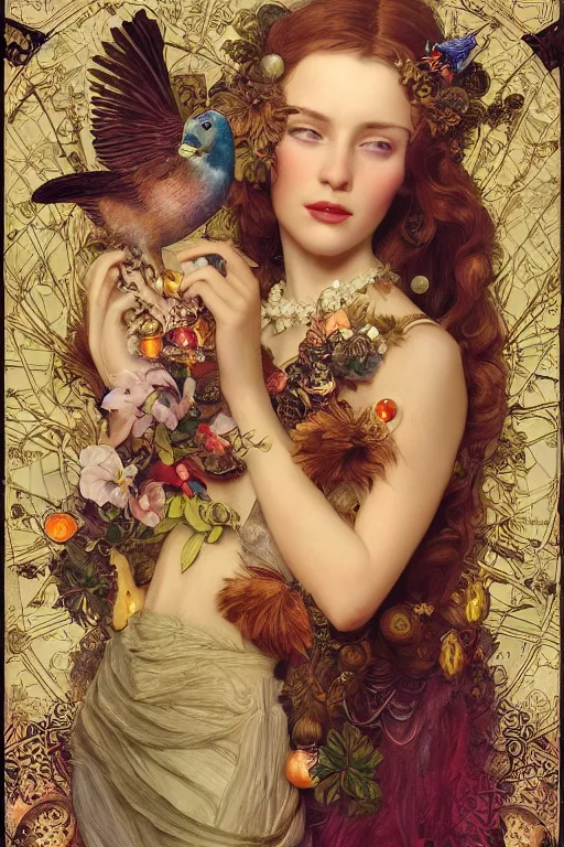 Image similar to zoom in 3 d render of english princess holding birds, ornaments, mucha vibe, dieselpunk, solarpunk, artstation, andrei riabovitchev