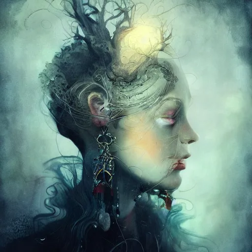 Image similar to Very very very very highly detailed mystic, enigmatic, strange portrait by Brooke Shaden, intricate, extremely detailed, digital painting, artstation, concept art, smooth, sharp focus, illustration, intimidating lighting, incredible art,