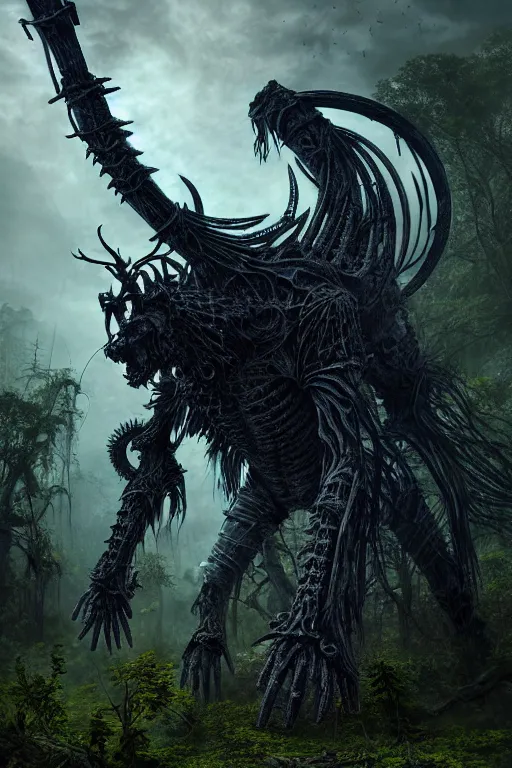 Prompt: post - gothic giant creepy chimera, exoskeleton armor, pulling katana, dystopian ruins covered in vegetation, highly detailed smooth digital art masterpiece, vitaly bulgarov giger dramatic dark blue light, ground angle hd 8 k, sharp focus