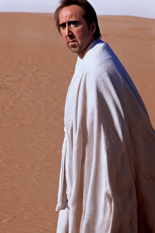 Prompt: A portrait photograph of Nicolas Cage as Luke Skywalker, wearing a white robe, in the dunes of Tatooine, award winning, by Annie Liebowitz
