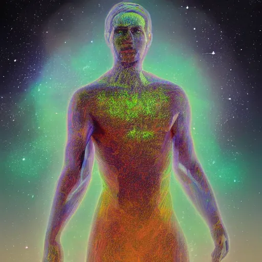 Prompt: a human who transcended, with the universe in his body, digital art, concept art