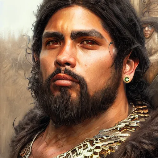 Prompt: the young chicano dude as a realistic fantasy d & d character, closeup portrait art by donato giancola and greg rutkowski, realistic face, digital art, trending on artstation