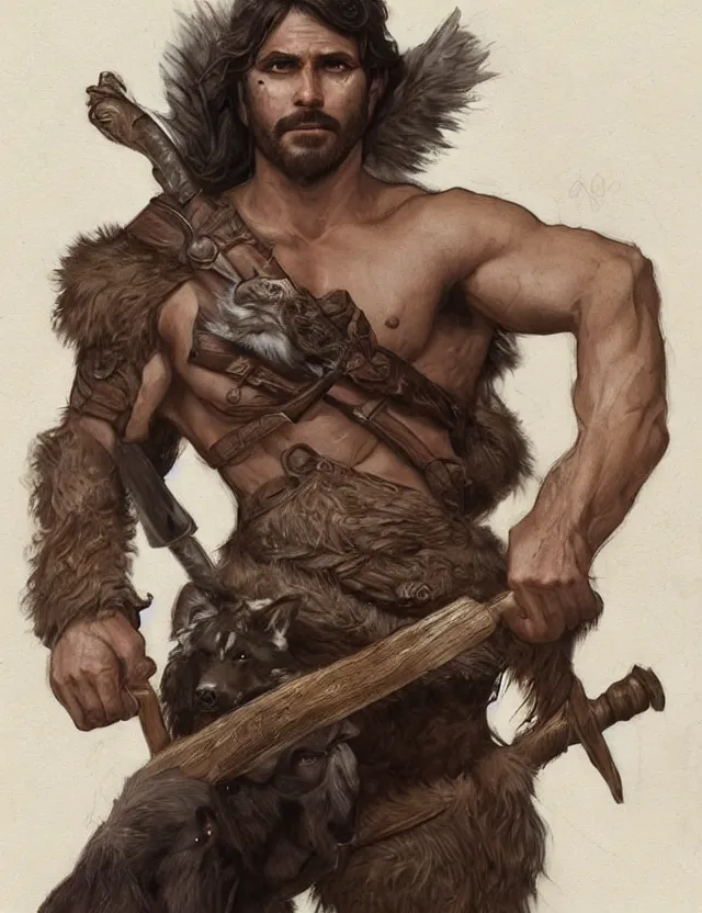 Image similar to portrait of a gruff ranger holding a spear, accompanied by a wolf dog, muscular, upper body, hairy body, D&D, fantasy, intricate, elegant, highly detailed, digital painting, artstation, concept art, matte, sharp focus, illustration, art by Artgerm and Greg Rutkowski and Alphonse Mucha